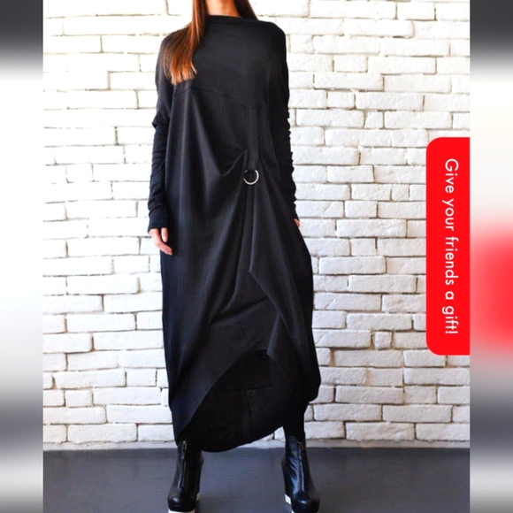 Metamorphoza Dresses & Skirts - Asymmetrical Black Long-Sleeve Maxi Dress with Ring Detail